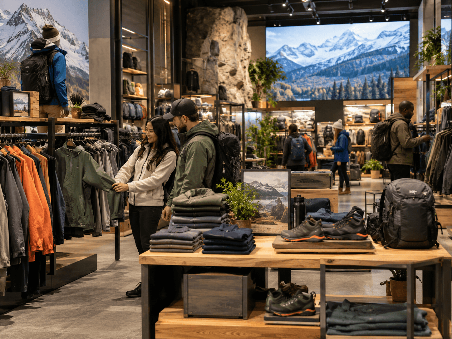 Outdoor apparel displayed in a retail space