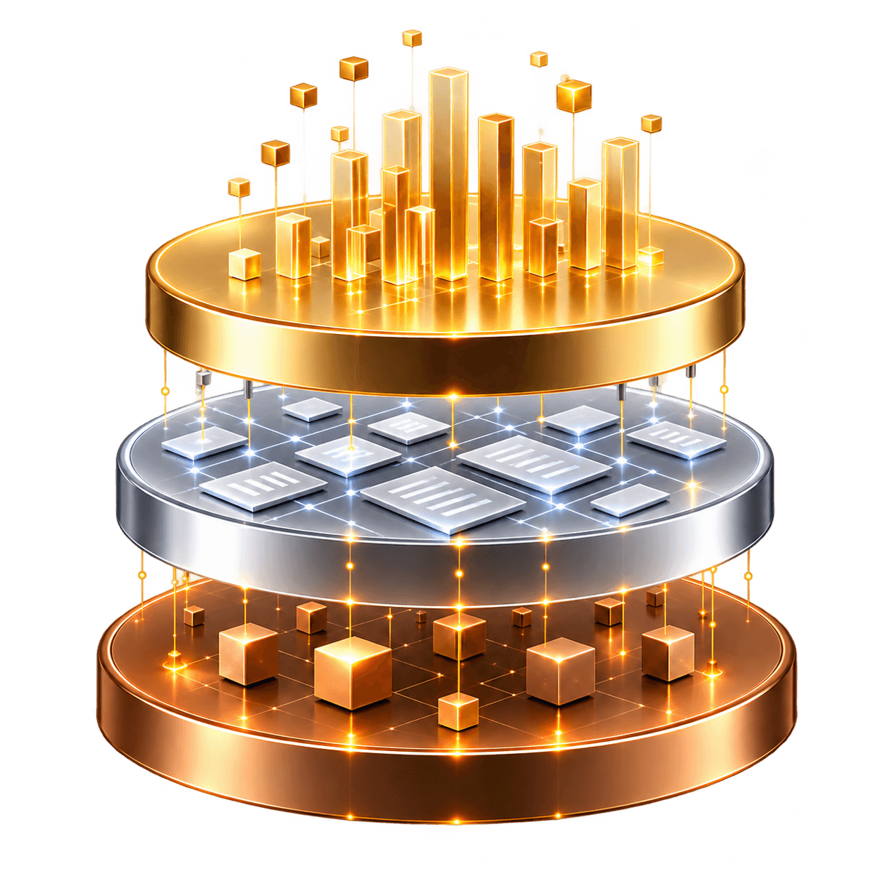 A stacked gold, silver, and bronze data medallion