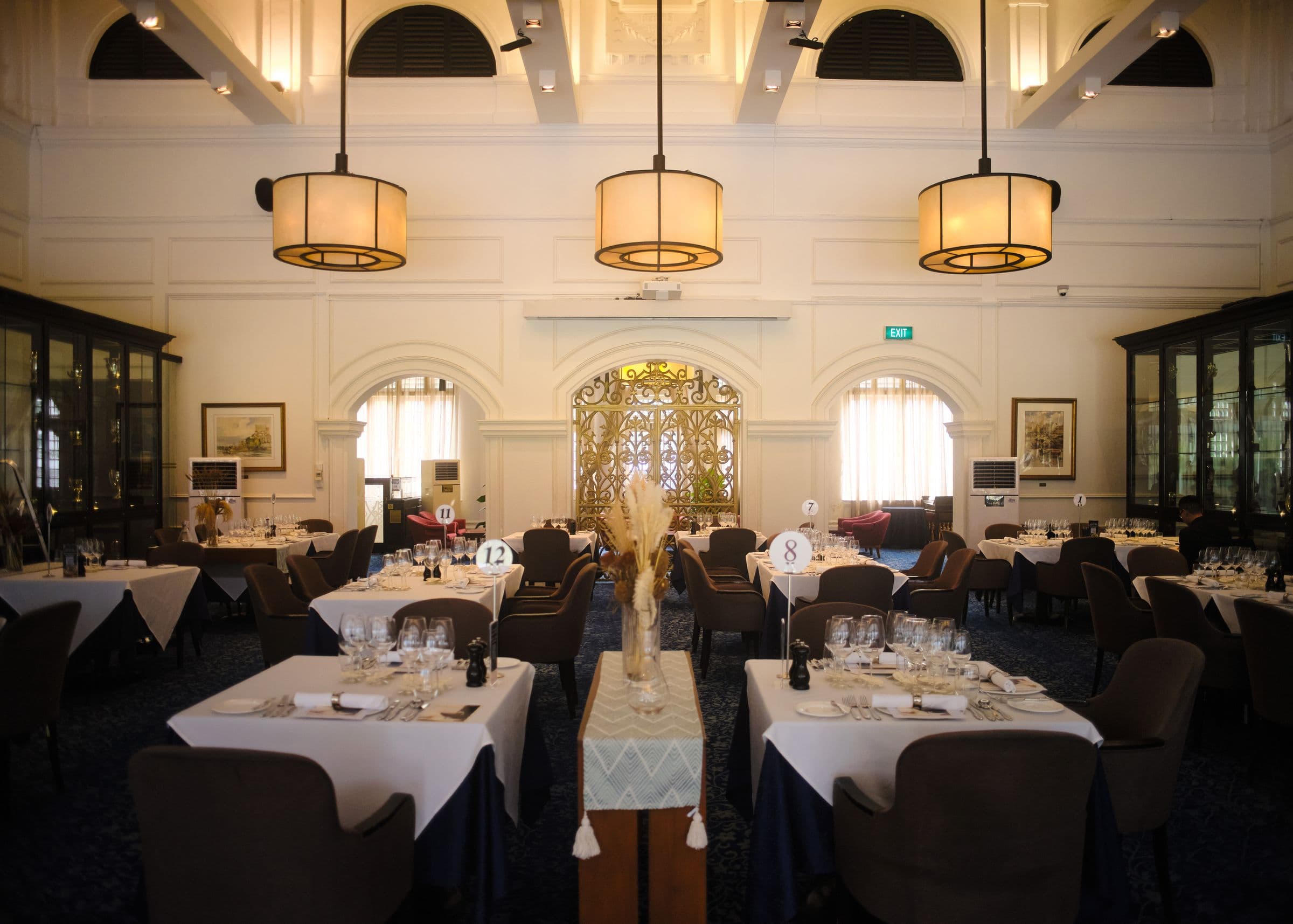 Restaurant dining room with hanging lights