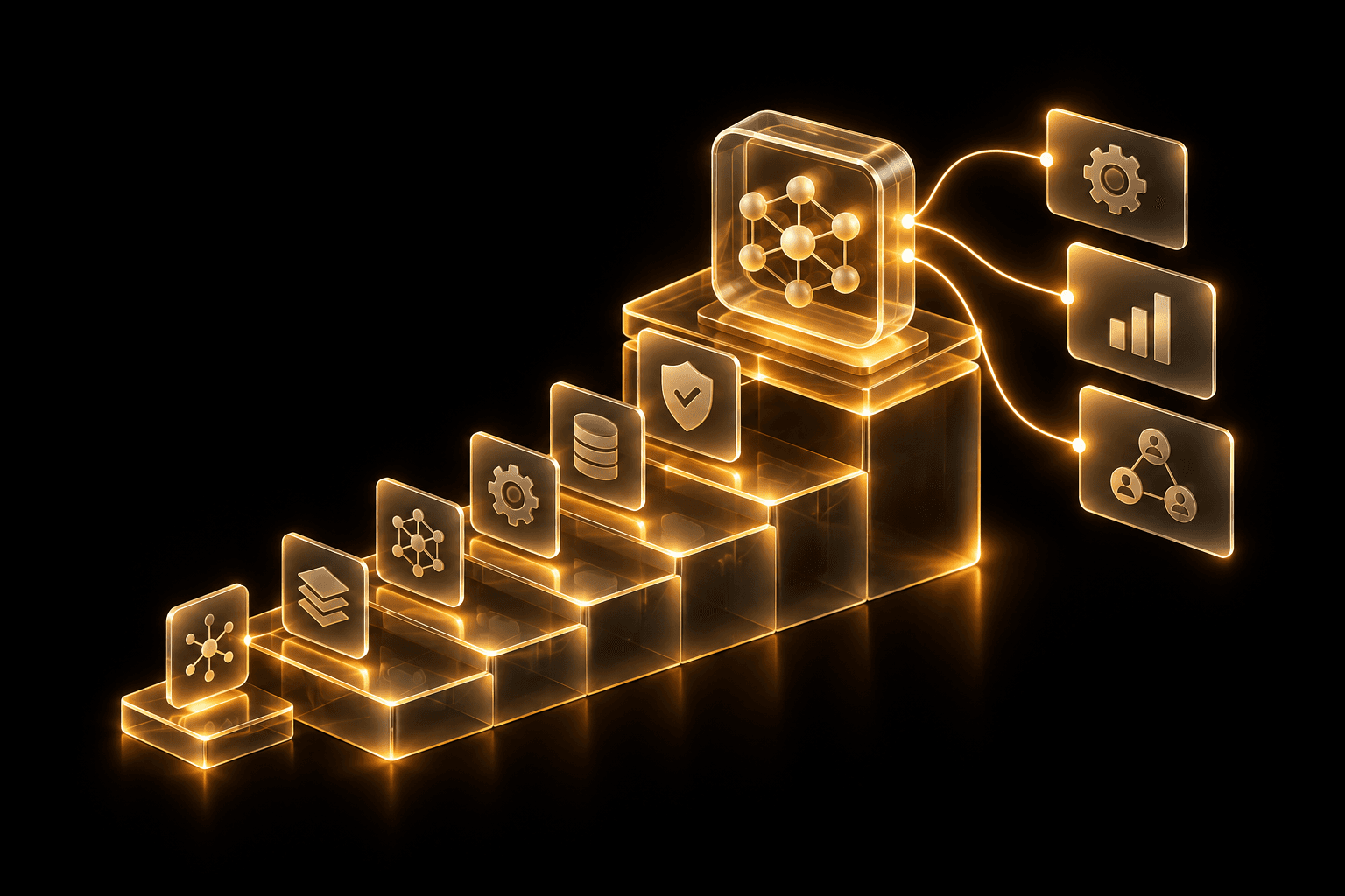 A row of glowing gold blocks representing an enterprise AI maturity scale
