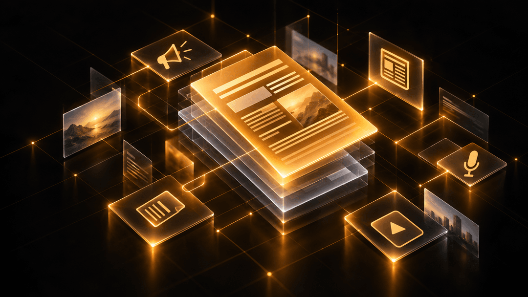 Glowing newspaper and media icons on a dark grid