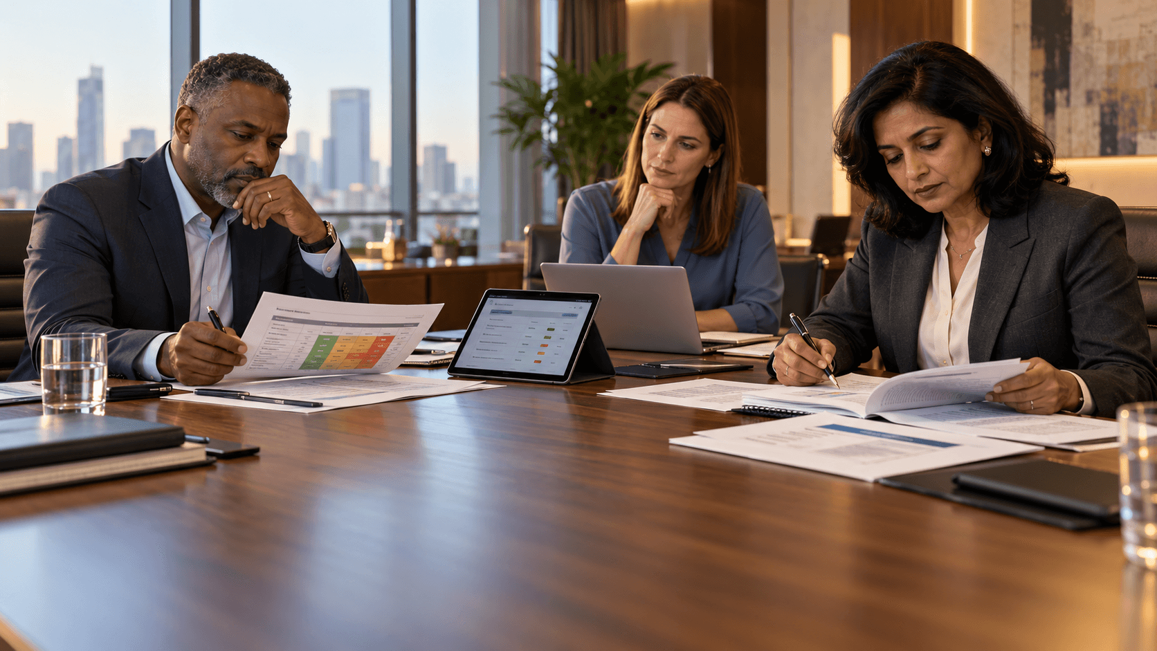 Colleagues discussing governance documents at a table