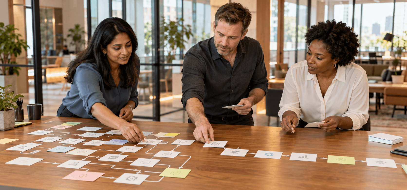 Team reviewing a process map on a wall
