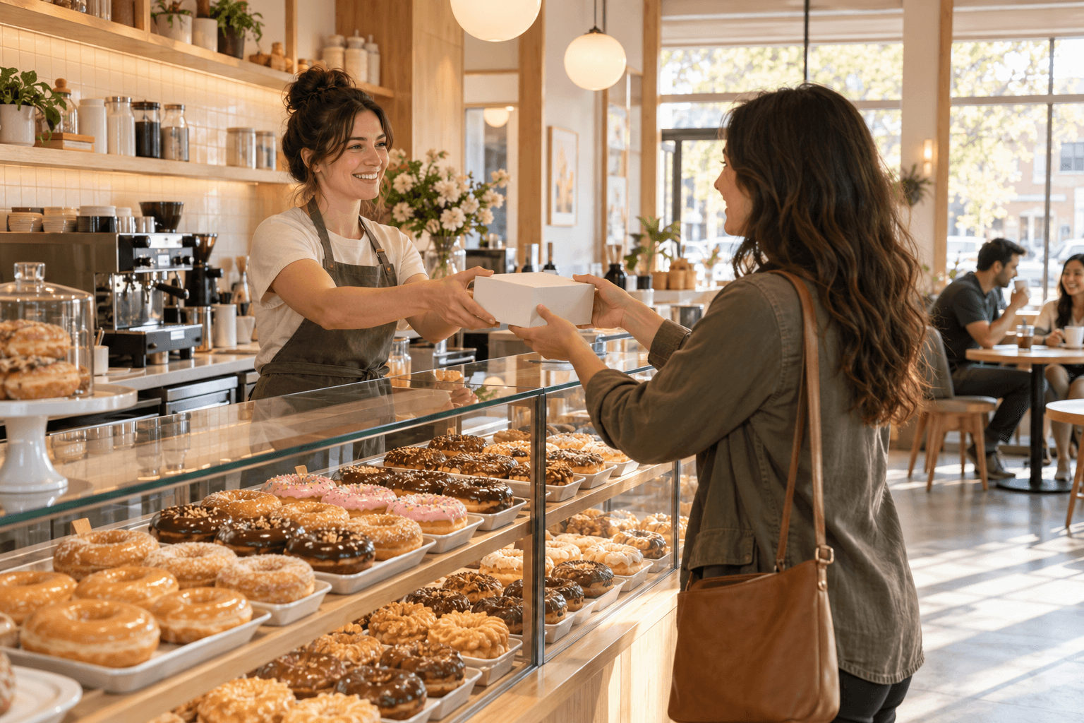 Customers inside a doughnut and coffee shop