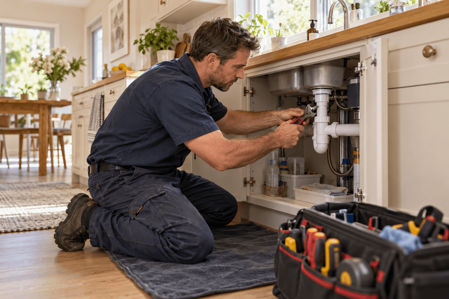 Technician working at a kitchen counter