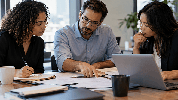 Two colleagues reviewing a contract at a glass table