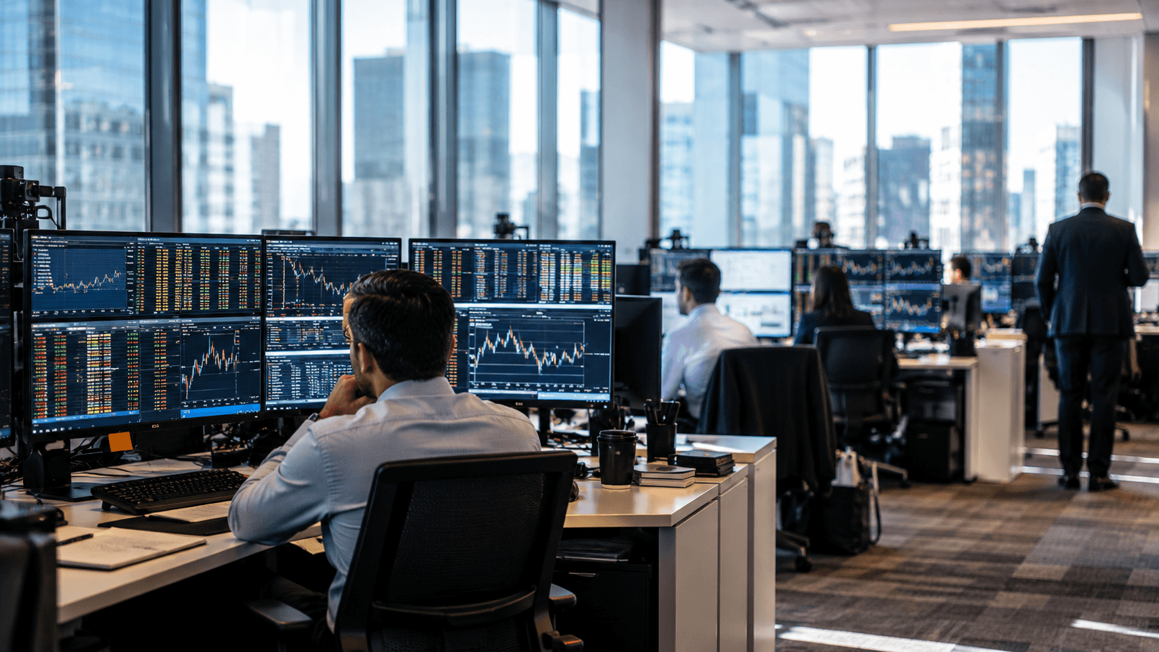A city skyline behind a trading floor
