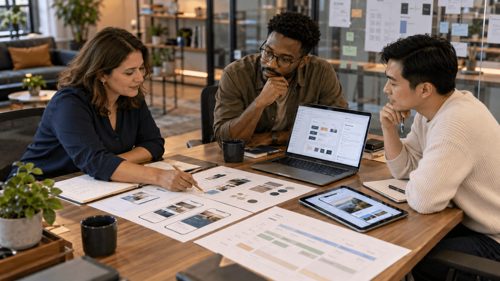 Designers collaborating around laptops and printed materials