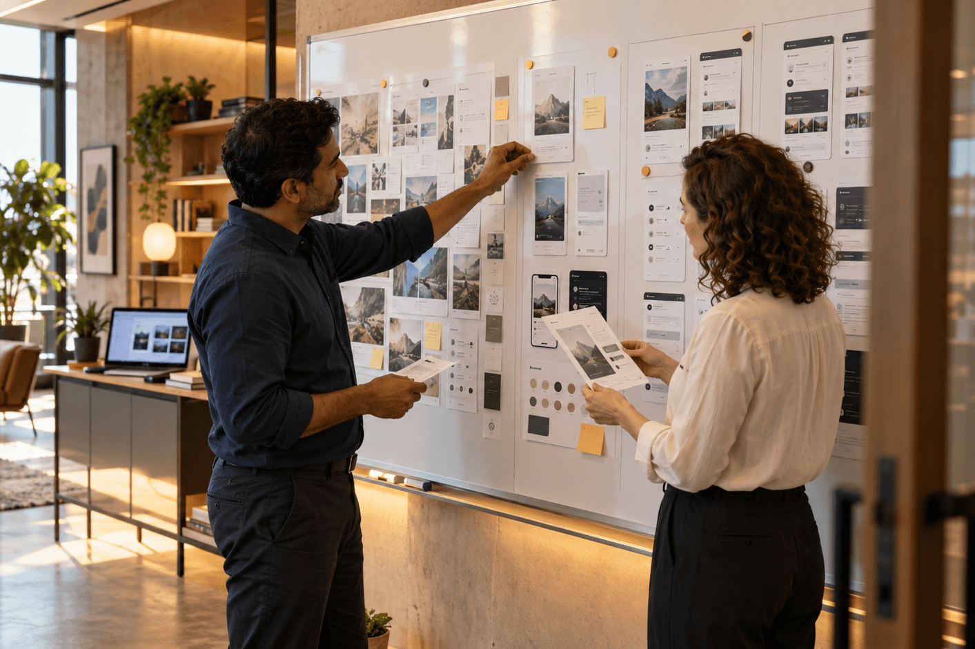 Two people reviewing a wall of design work in a studio