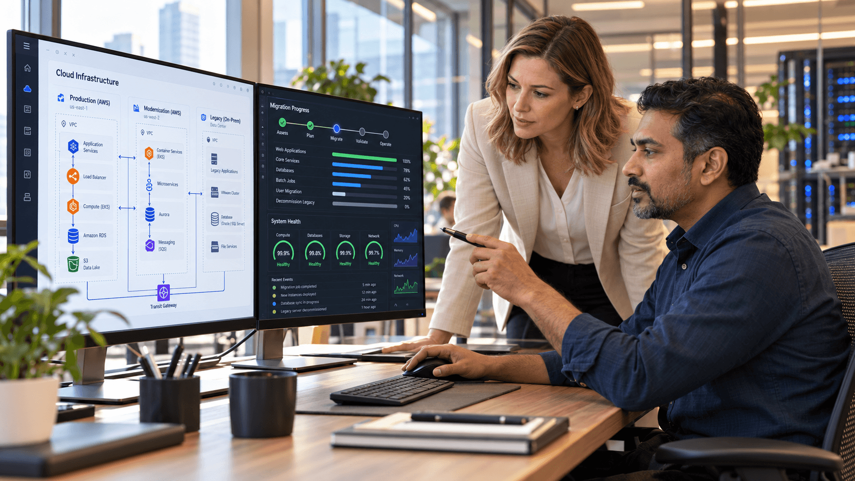 Engineers reviewing cloud architecture on a laptop