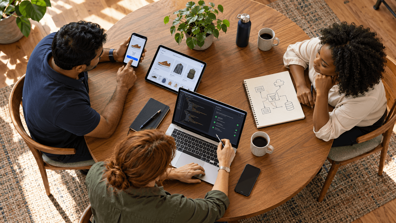 Hands using a tablet in a commerce workspace