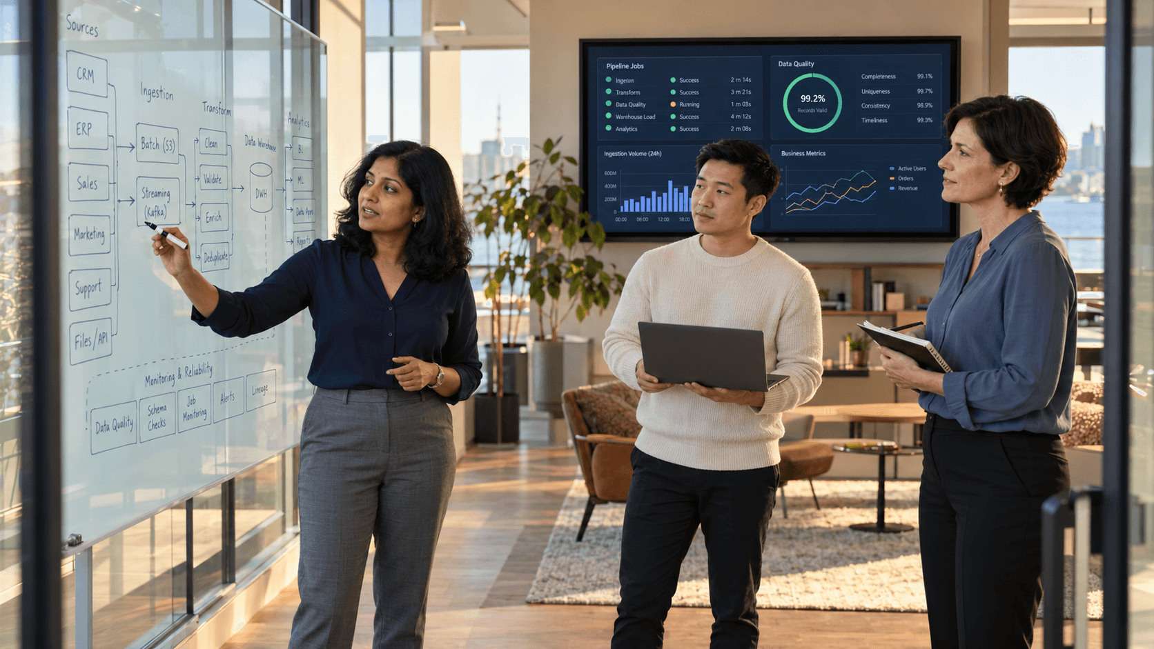 Team reviewing data and analytics on a shared screen