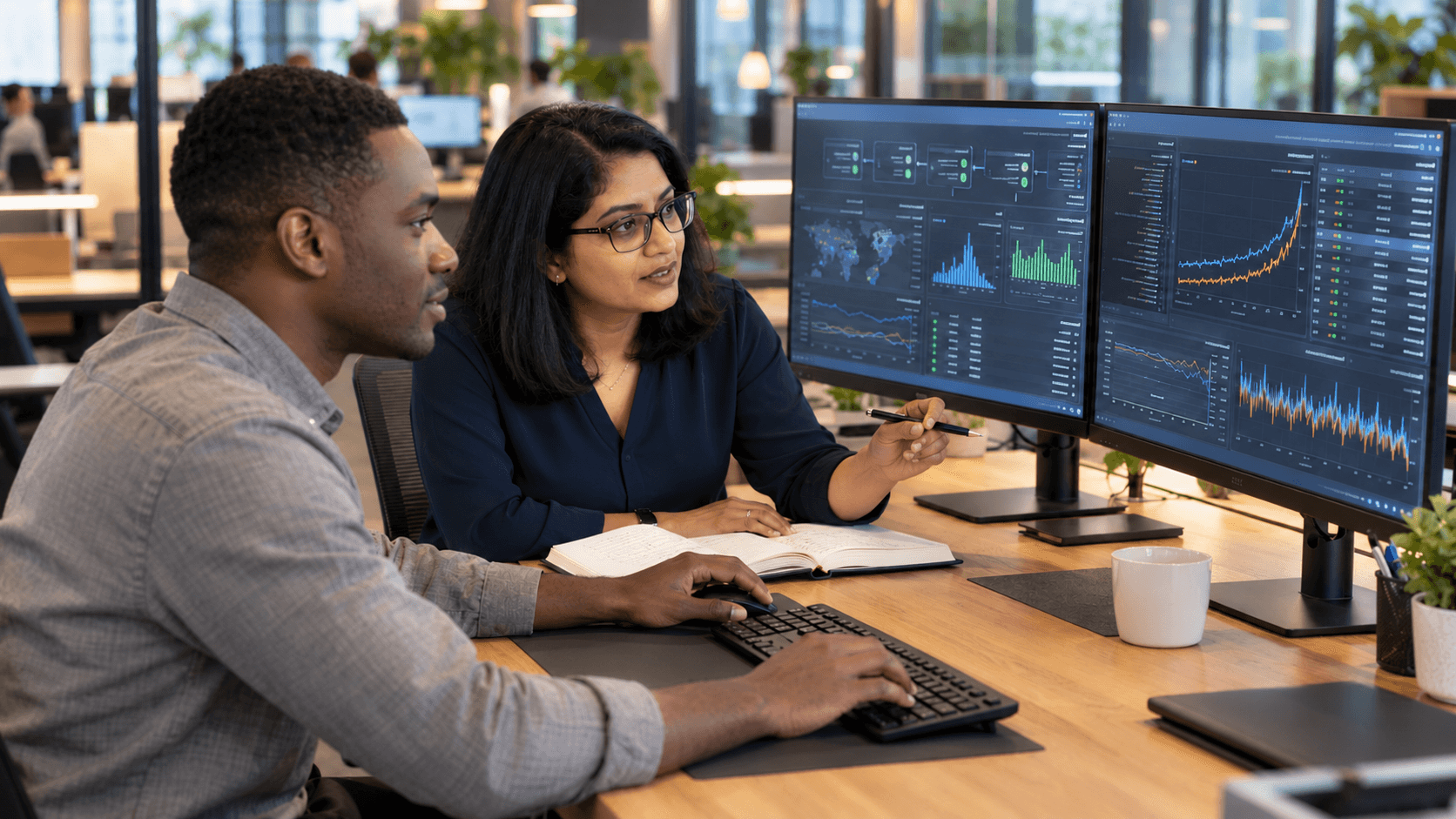 Engineer working at a multi-monitor machine learning workstation