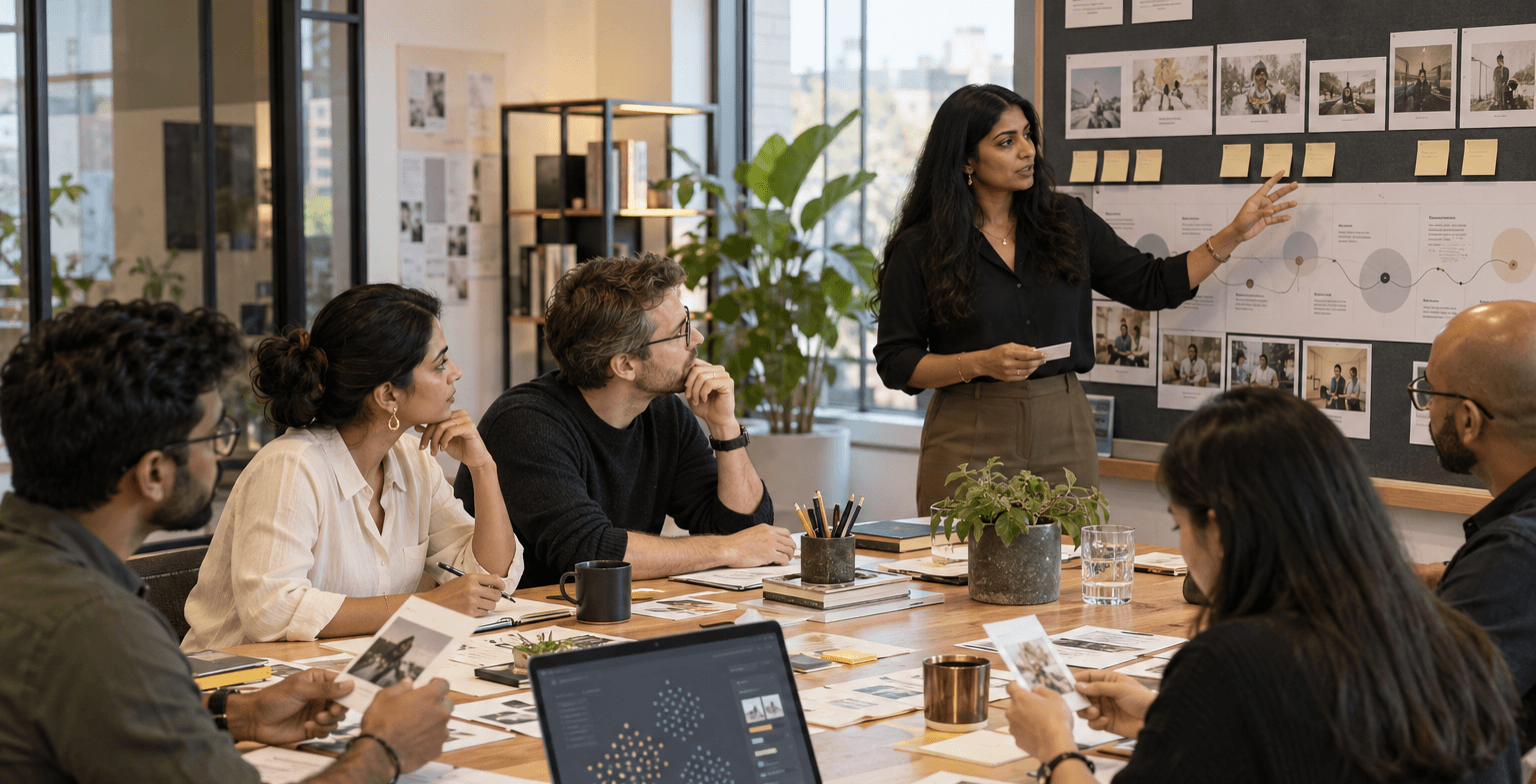 Team collaborating around a table during a design workshop