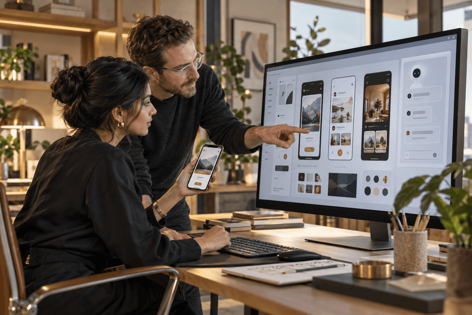 Designers reviewing interface layouts on a desk