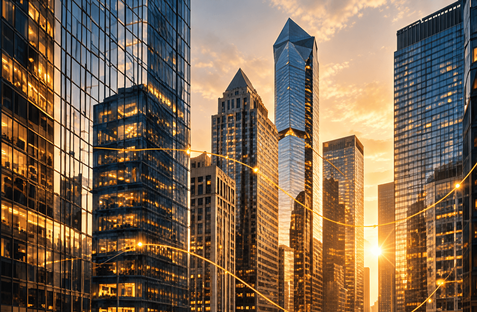 Sunlit financial district towers