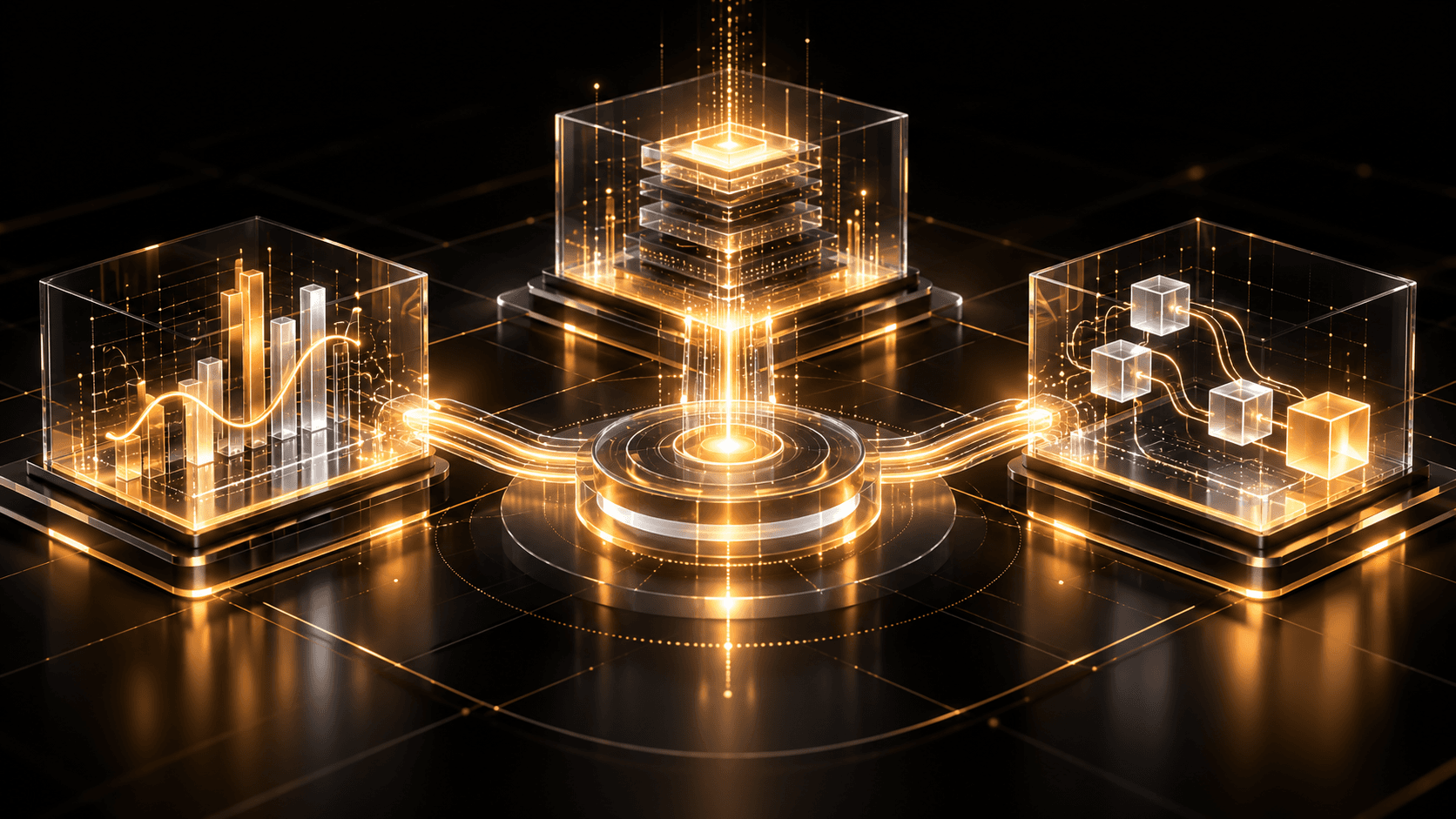 Glowing geometric frameworks representing the Photon AI System