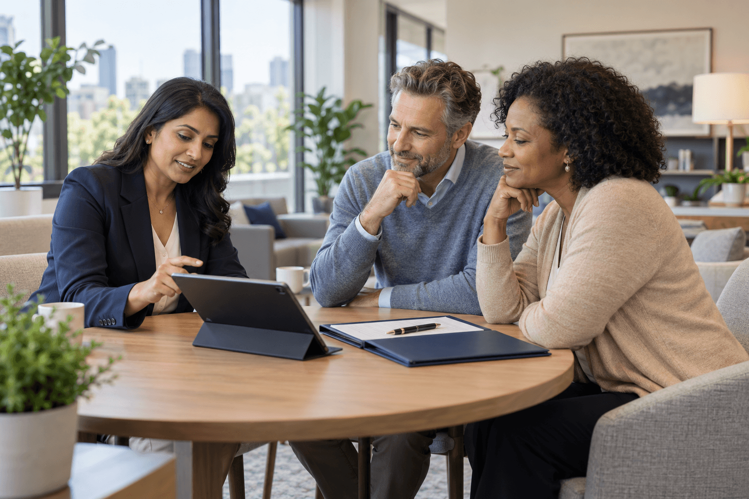 Team collaborating around laptops in an office