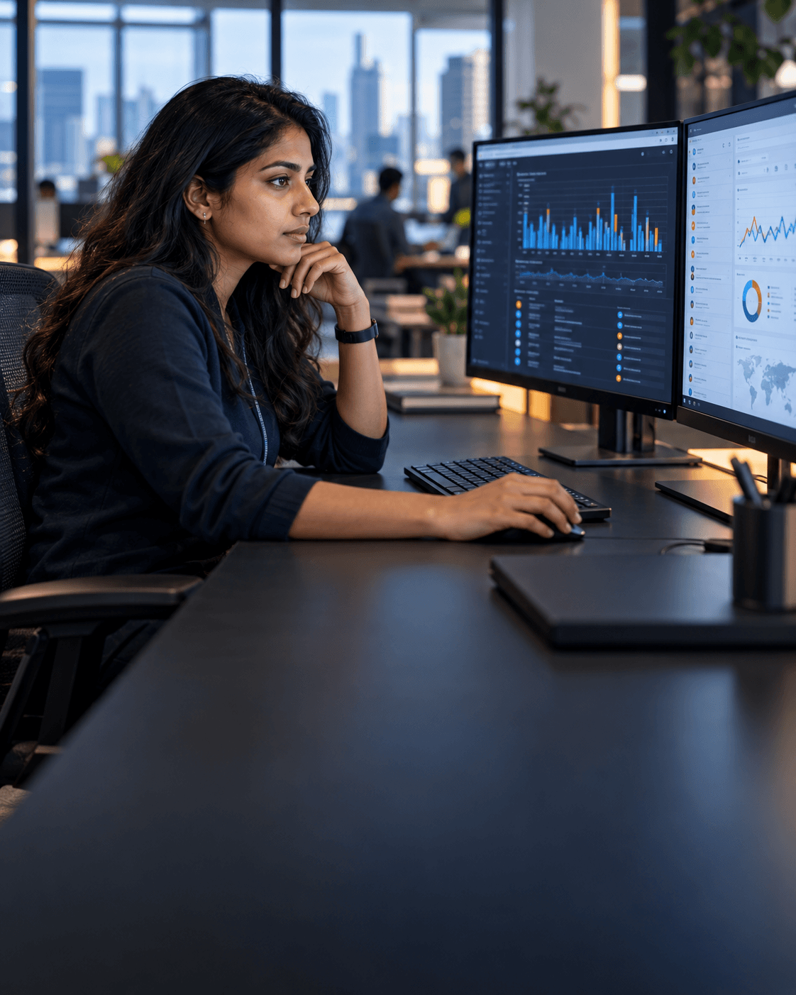 Analysts reviewing security logs on desktop monitors