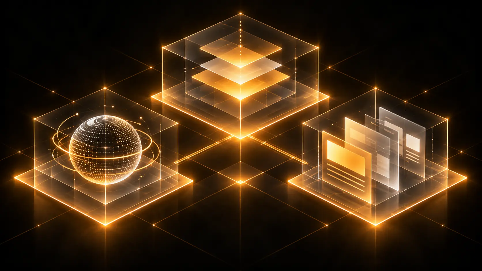 Glowing cubes, a globe, and connected nodes