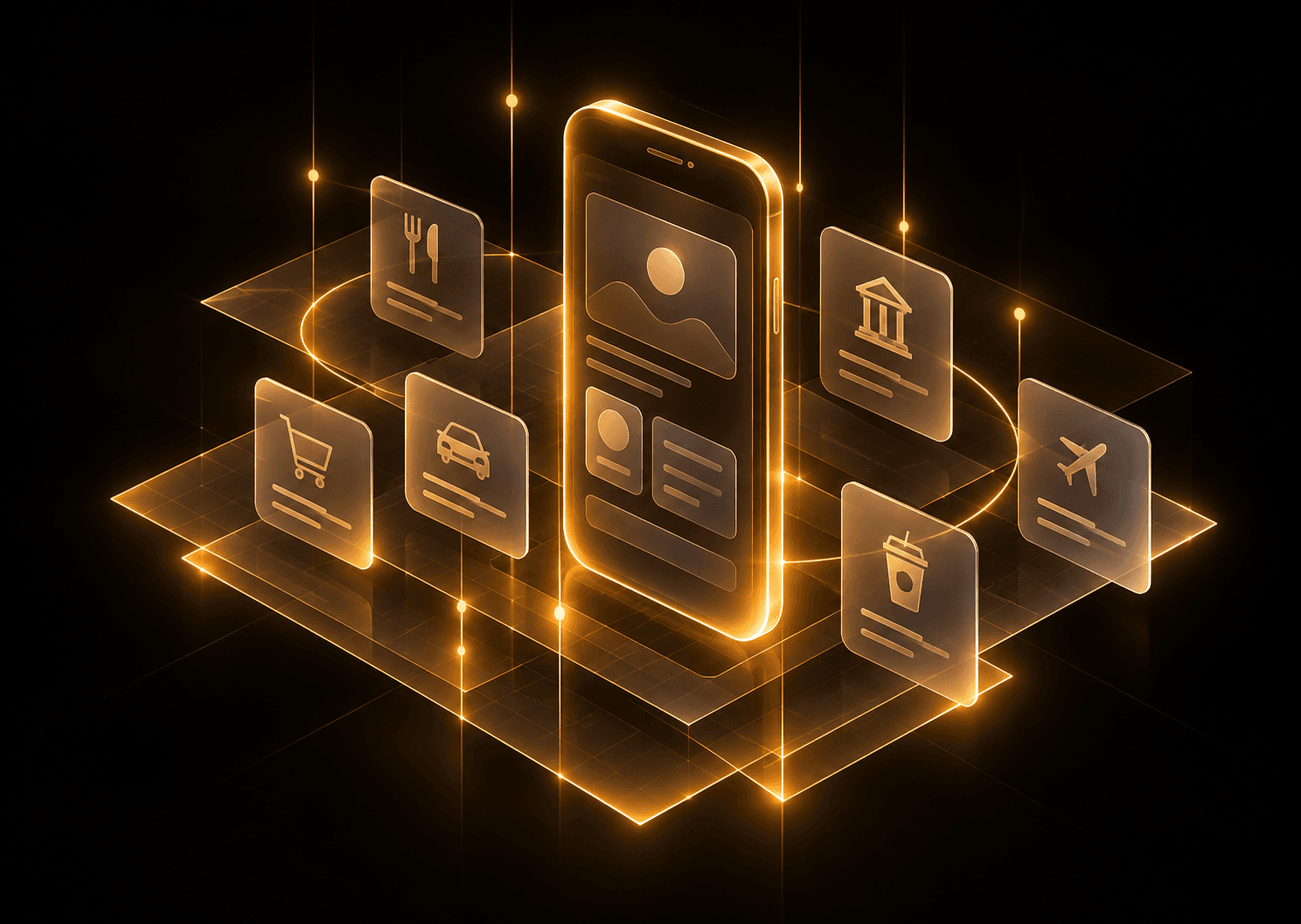 Glowing gold mobile app screens stacked together