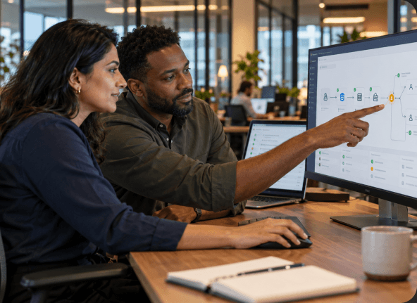 Person reviewing an automated workflow on a laptop