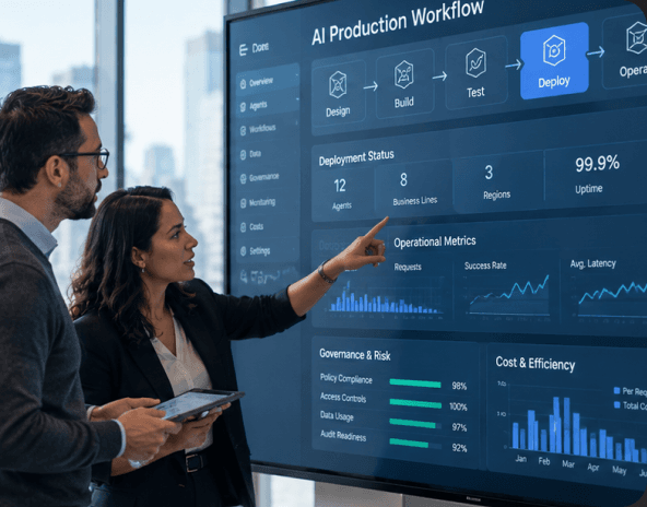 Two colleagues reviewing an AI production workflow on a large display