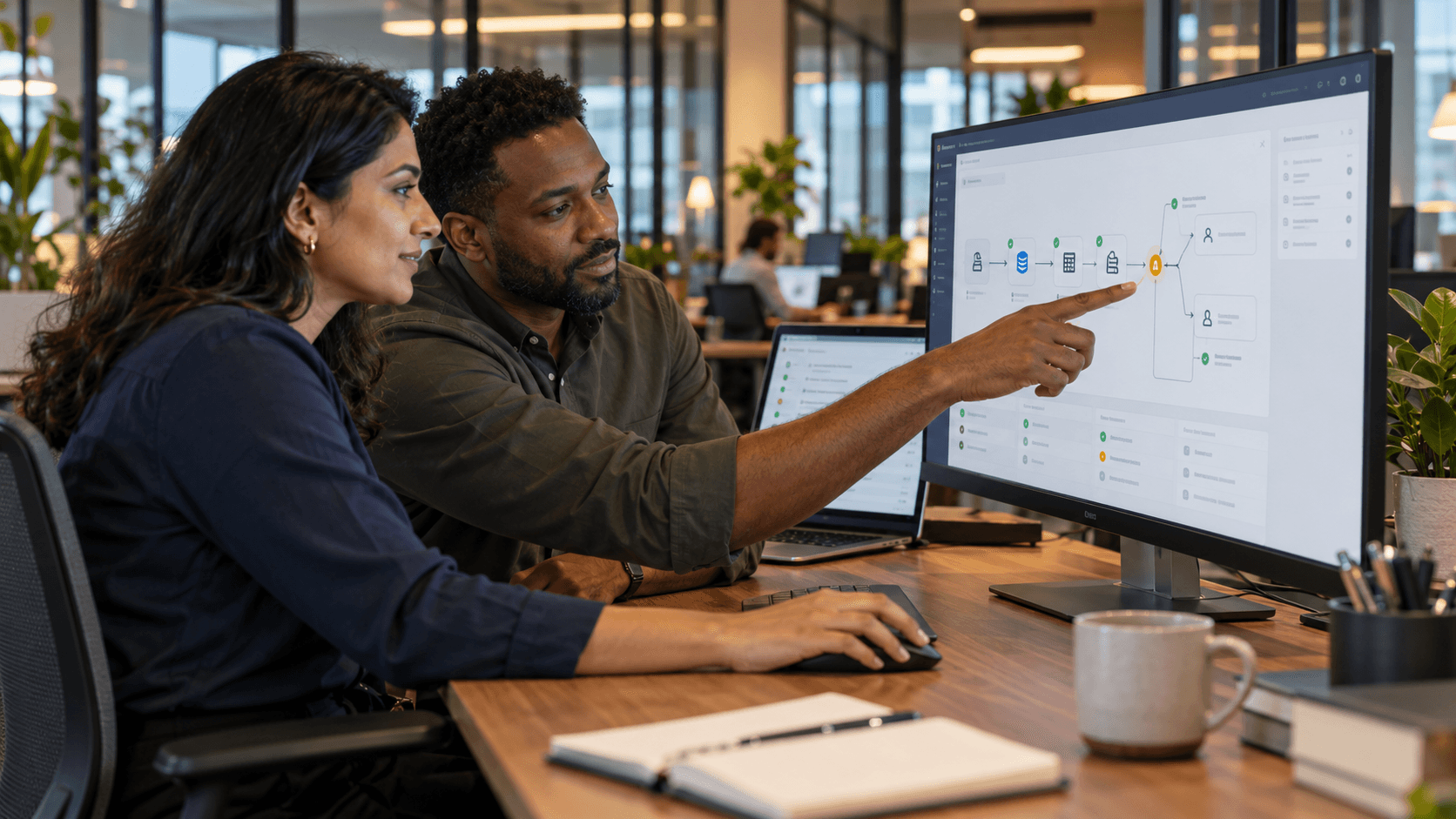Colleagues planning an agent deployment on a screen