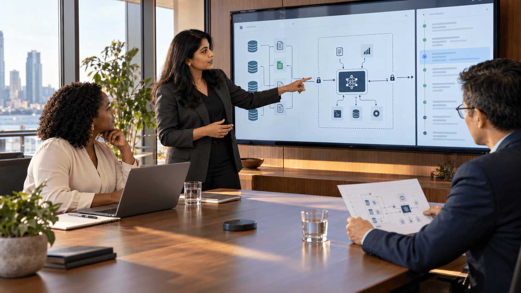 Leaders reviewing an enterprise architecture diagram