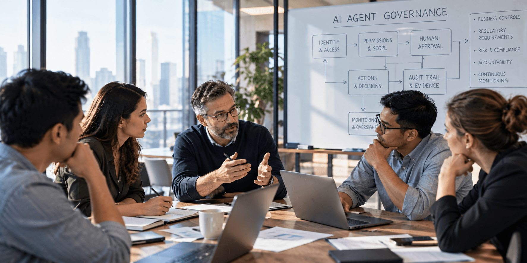 Team discussing an AI agent governance board