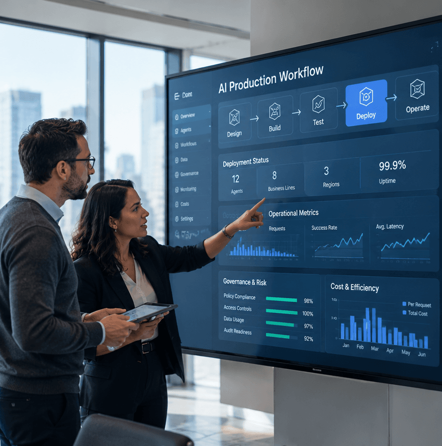Colleagues reviewing a live operations dashboard