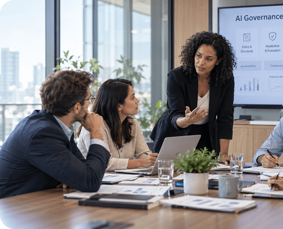 Team reviewing plans around a conference table