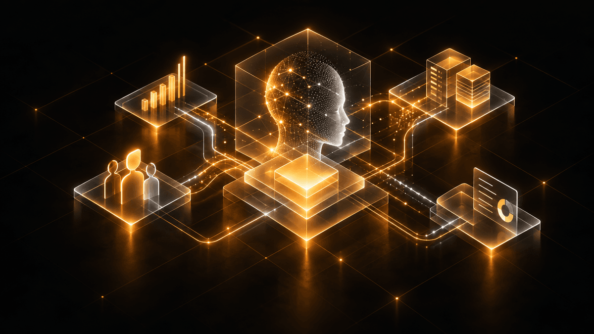 Glowing cubes, a globe, and connected nodes