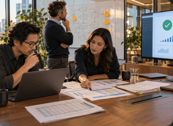 Team reviewing a laptop in a modern office