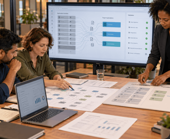 Team planning a modernization program around a laptop