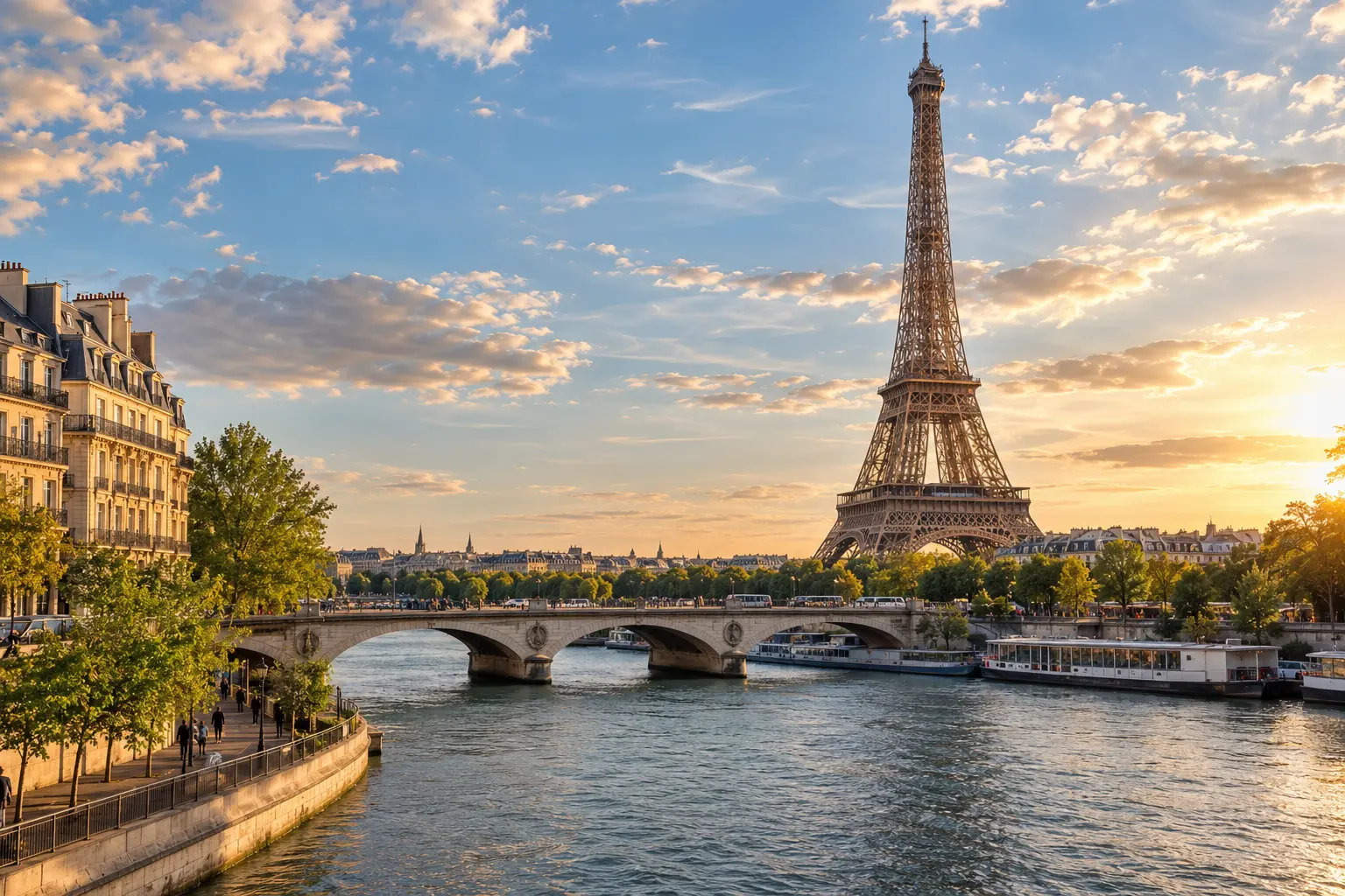 The Eiffel Tower over the Seine at golden hour