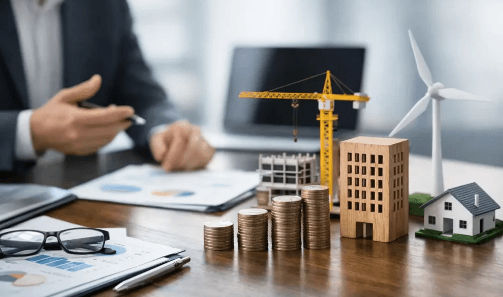 Hands reviewing a model city and coins on a desk