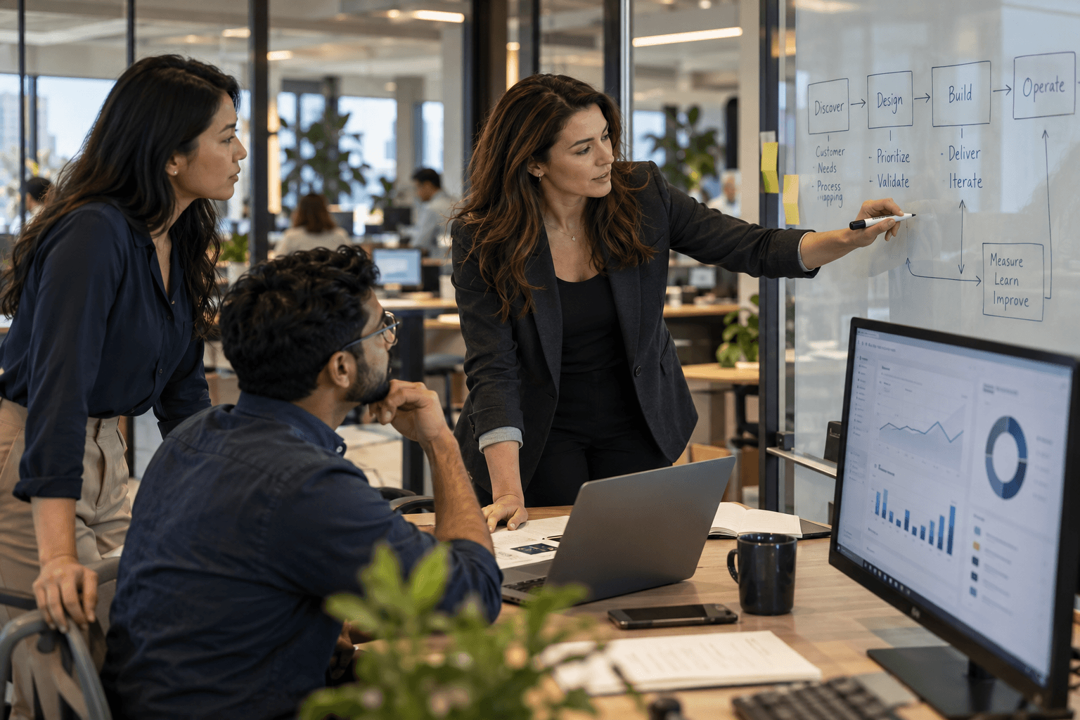 Strategists collaborating around a table during a working session