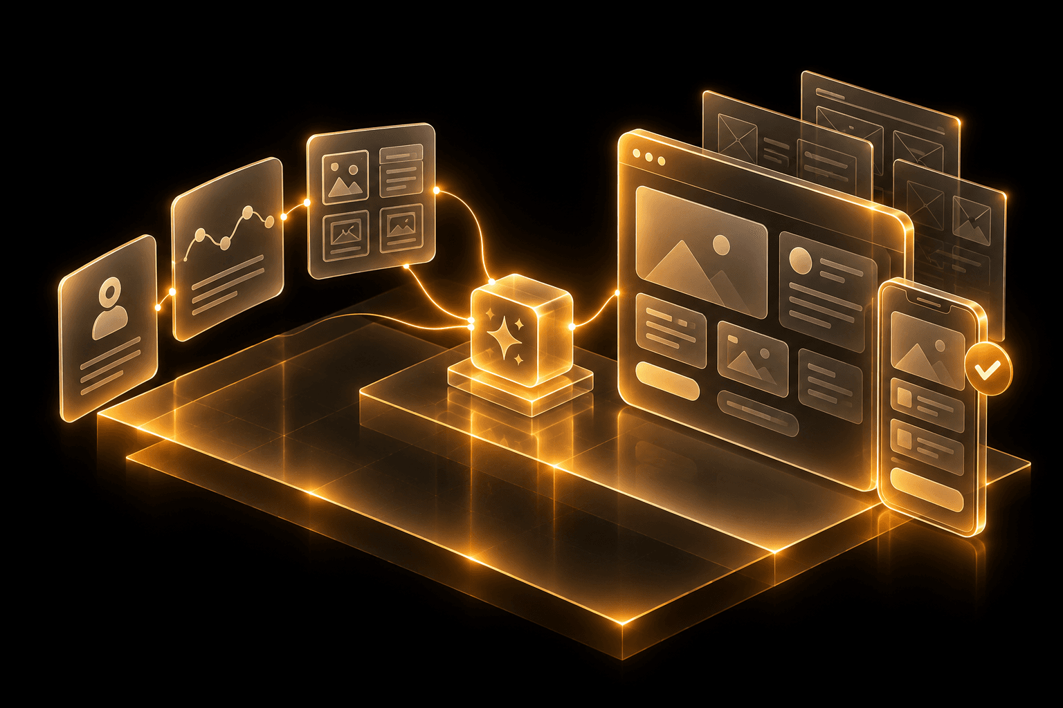 Golden interface blocks and screens representing AI-enabled product design