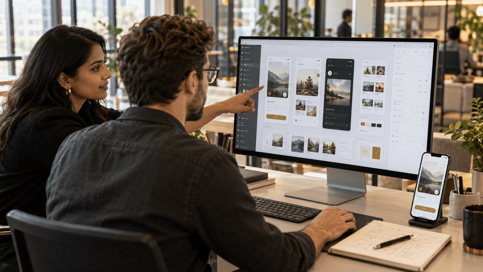 Designer reviewing interface layouts on a desktop monitor